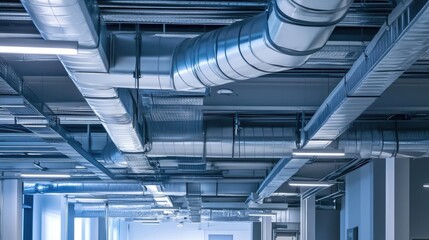 Obraz premium Workers and engineers discussing ventilation system placement in an industrial building.