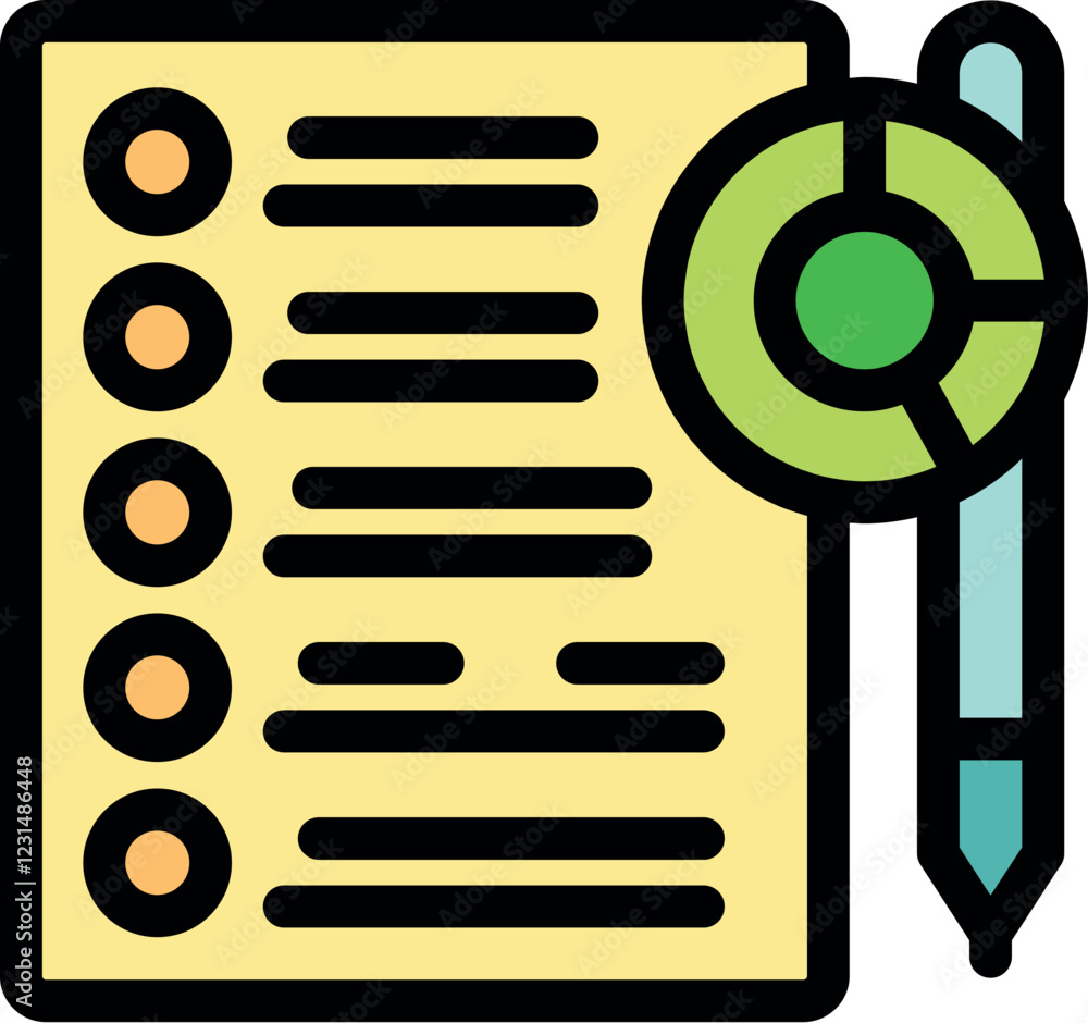 Aufkleber checklist with checkboxes and pie chart icon symbolizing data analysis and reporting