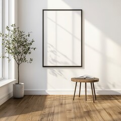 Bright and Spacious Interior with Empty Frame, Potted Plant, and Wooden Table in Contemporary Living Space