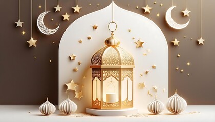 Elegant Ramadan Kareem Background with Lanterns, Crescent Moon, and Floral Patterns in Gold and Blue