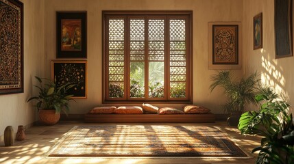 Fototapeta premium Sunlit room with ornate window, cushions, rug, and artwork.