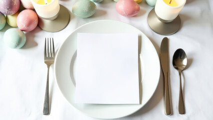Mock up white card with a place for menu text lies on a white plate, silver cutlery nearby, candle, decor of painted white, pink and blue eggs, Easter concept
