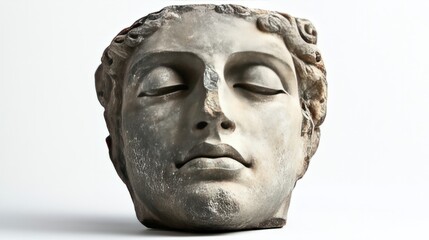 A smooth stone sculpture head of a mythical figure, placed against a clean white background, capturing its mystical aura