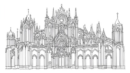 Fototapeta premium Line drawing of a classic European cathedral with ornate detailing, monochrome style on a white background