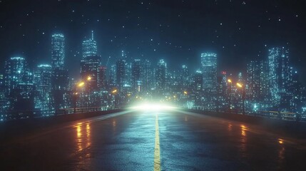 Obraz premium Futuristic Cityscape at Night with Glowing Lights and Reflective Road