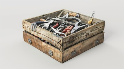 Fototapeta premium A wooden crate filled with various tools, such as scissors and pliers, symbolizing the use of tools in construction work
