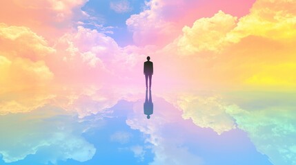 Man standing in pastel cloudscape, reflecting in water, hope concept, spiritual, inspirational
