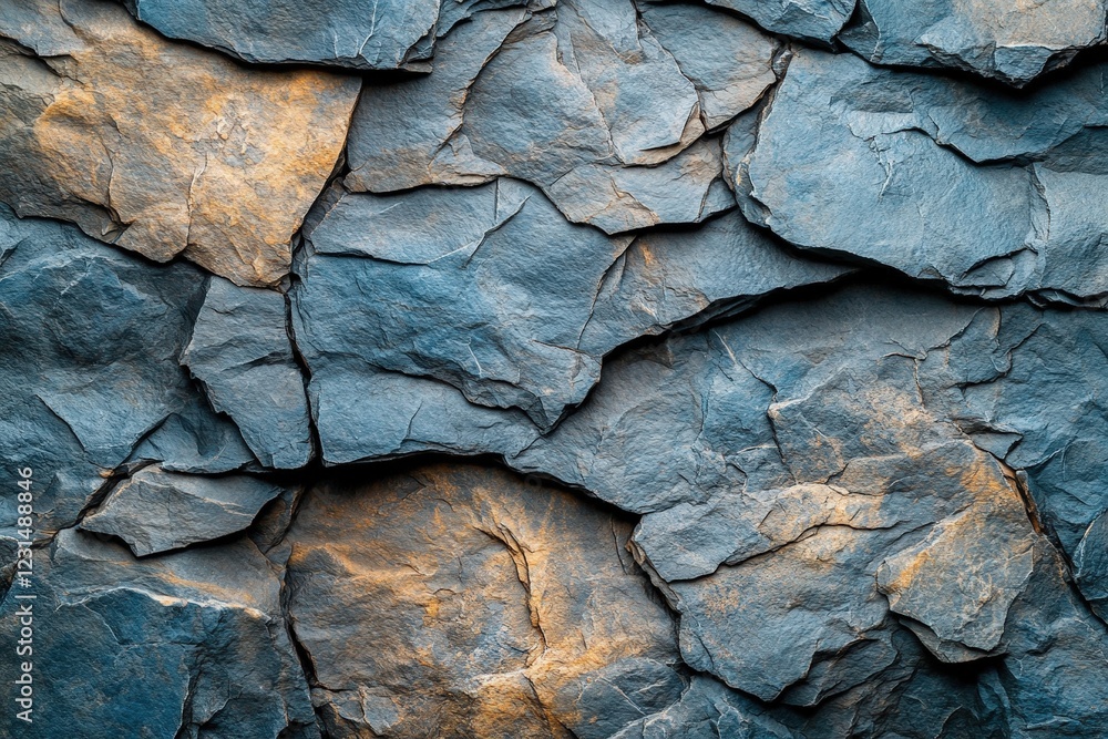 Poster close up view of a textured rock wall with natural stone formations and varying colors and patterns