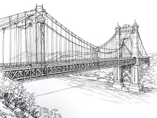 Fototapeta premium Line drawing of a detailed suspension bridge spanning a river, intricate cables and structures, elegant pen style