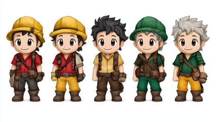 Five Cute Pixel Art Characters in Various Outfits and Hats on White