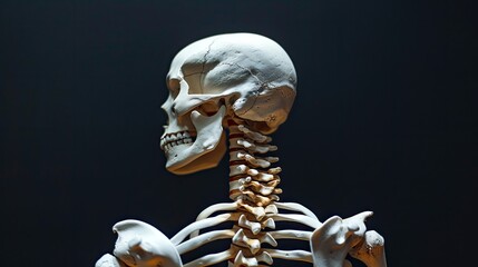 Naklejka premium Close-up of the back view, skeleton neck with head facing up on a black background
