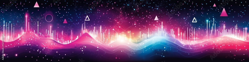 Poster abstract data visualization pink and blue data lines on dark background, upward triangles
