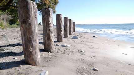 Wooden posts on sandy beach, waves, autumn day, coastal landscape; travel website