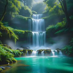 1 breathtaking waterfall cascading into a crystal-clear pool, surrounded by lush greenery and mist.

