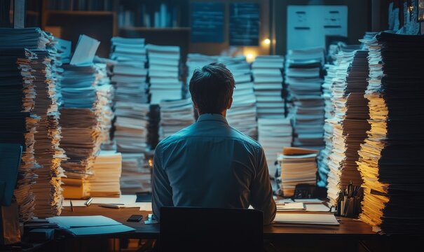 Back view Tiredness of overworked employees surrounded by stacks of paperwork working late into the night in the office, Generative AI