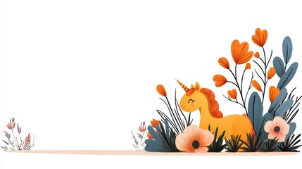 Orange Unicorn in a Field of Blue and Orange Flowers