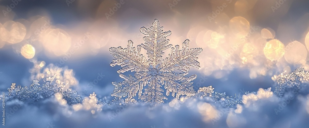 Poster A single, large snowflake sits in the snow with a bokeh background.