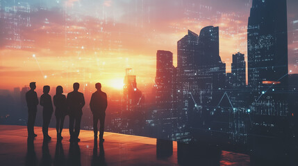 Abstract business team stands on the peak of success amid tall, innovative Smart city and graphs with statistics to analyze business potential and predict future developments in company growth.