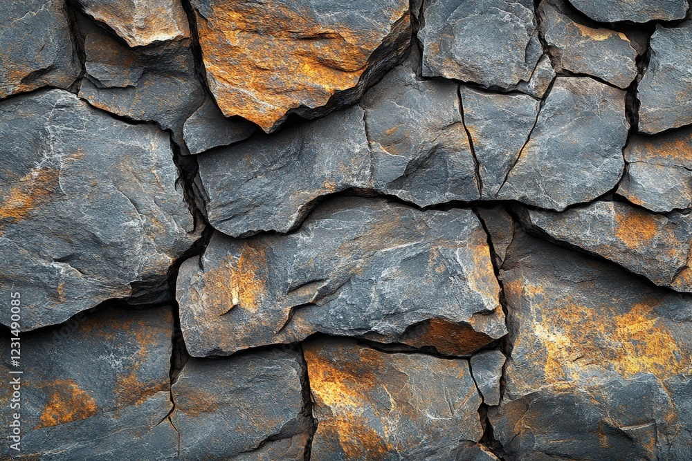 Poster close up image of a textured rock wall with various stone patterns and natural colors