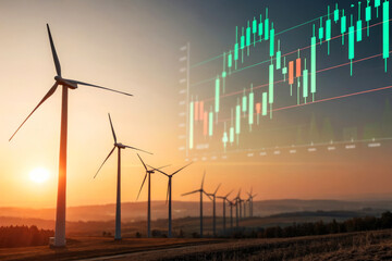 Wind Turbines with Stock Market Chart at Sunset Over Rolling Hills and Renewable Energy