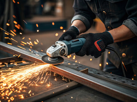 Skilled Worker Operating Angle Grinder Generating Sparks in Workshop Environment