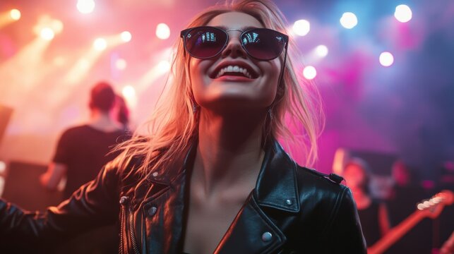 Young woman in a leather jacket and sunglasses, rocking out at a live rock concert.