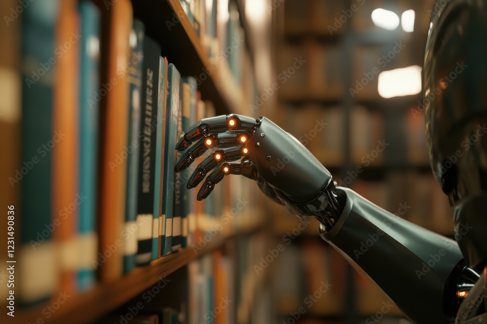 Poster robot arm reaching for books on a shelf in a library, showcasing advancements in artificial intellig