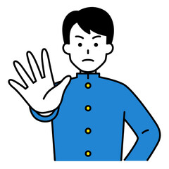 右手を前に突き出す男子学生