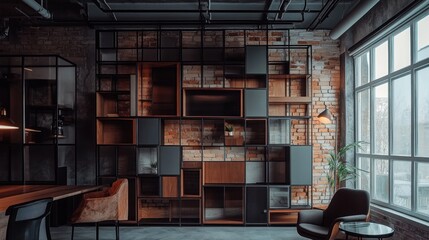 Industrial loft interior with large metal and wood shelving unit against exposed brick wall.