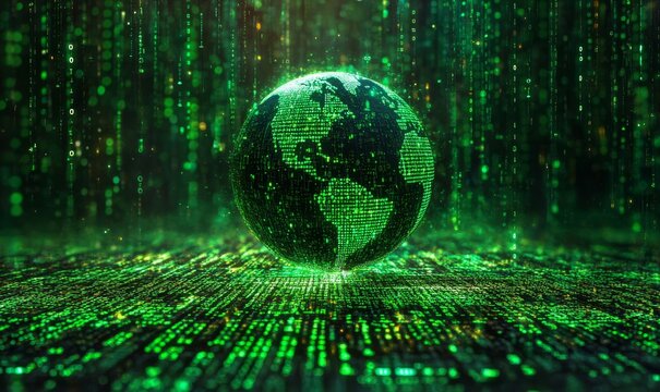 Digital globe surrounded by binary code, symbolizing interconnectedness and globalization. Technology and connectivity concept, Generative AI