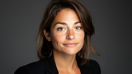 Fototapeta premium confident woman with brown hair and black blazer, smiling softly