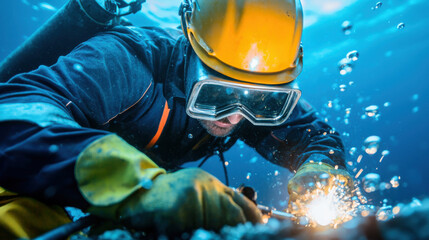 Underwater welder repairing deep sea structure, focused and skilled