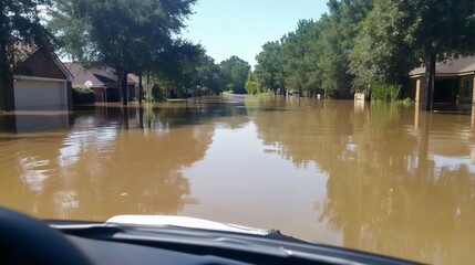 Fototapeta premium Car driving on flooded street after hurricane or heavy rain
