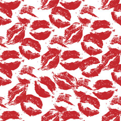 Red lipstick kiss marks Seamless pattern on white background. Print of lips kiss vector