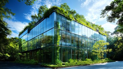 Obraz premium A modern glass building surrounded by lush greenery, showcasing a harmonious blend of architecture and nature under a bright blue sky.