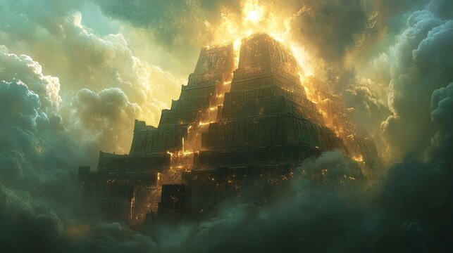 A radiant glowing ziggurat surrounded by magical light and swirling clouds