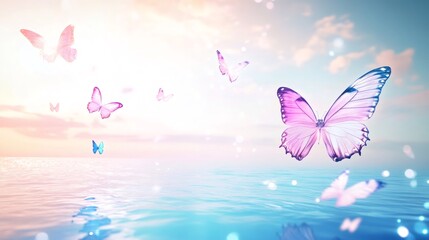 Colorful butterflies flying over a calm ocean at sunset creating a serene atmosphere