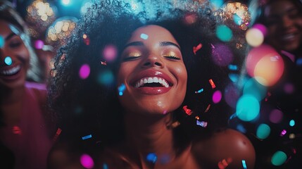 Friends laughing and dancing in a New Year party with confetti and disco ball lights 