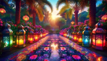 Elegant Ramadan Kareem Background with Lanterns, Crescent Moon, and Floral Patterns in Gold and Blue