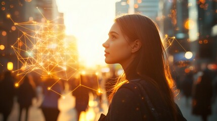 Young woman observing futuristic hologram in city sunset