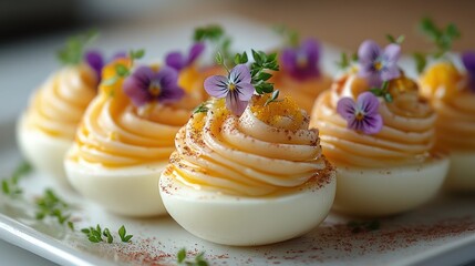 Elegant deviled eggs garnished with edible flowers and herbs.