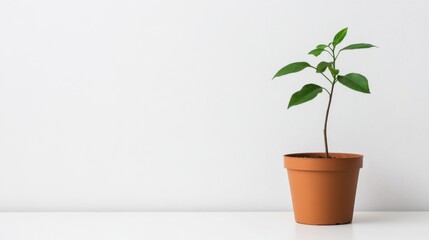 Obraz premium Small green plant in terracotta pot against white wall.