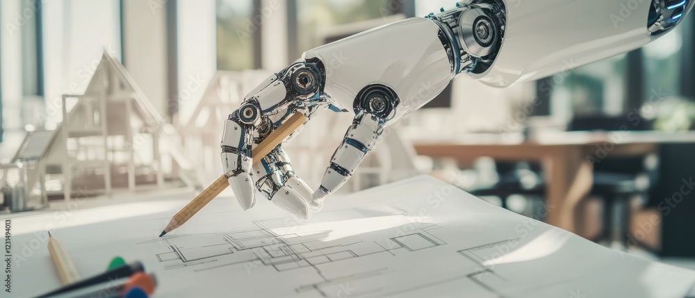 Poster robot arm holding pencil, designing architectural plans in modern workspace with scale models, techn