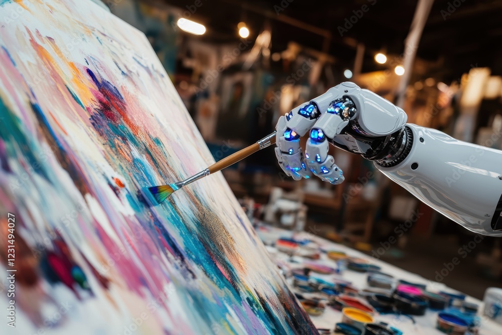 Poster robot arm painting on canvas in an art studio, showcasing innovation in technology and creativity, b