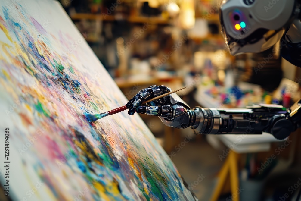 Poster robot arm painting on canvas in artist studio, showcasing creativity and technology. modern art crea