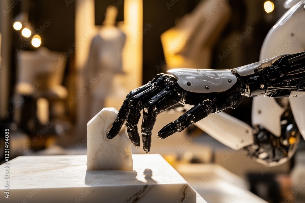 Poster robot arm sculpting model in art installation showcasing advanced technology, creativity, and innova