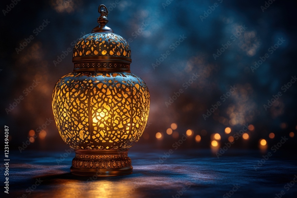 Poster lit candle on a table with blurred decorative lights in the background creating a warm atmosphere