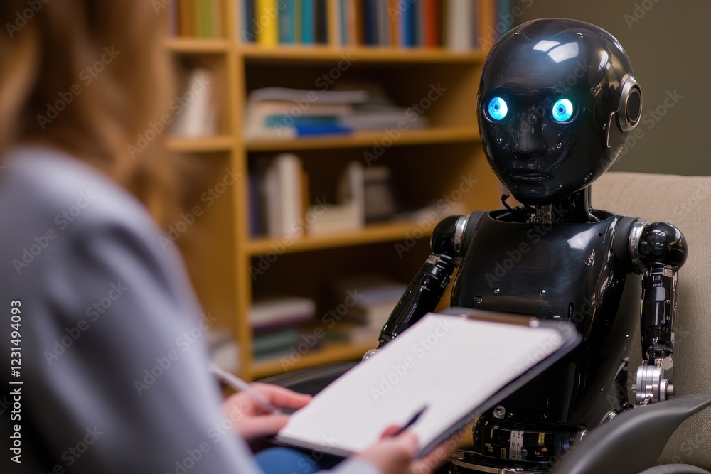 Poster robot and human interaction in a modern setting, showcasing a discussion about artificial intelligen