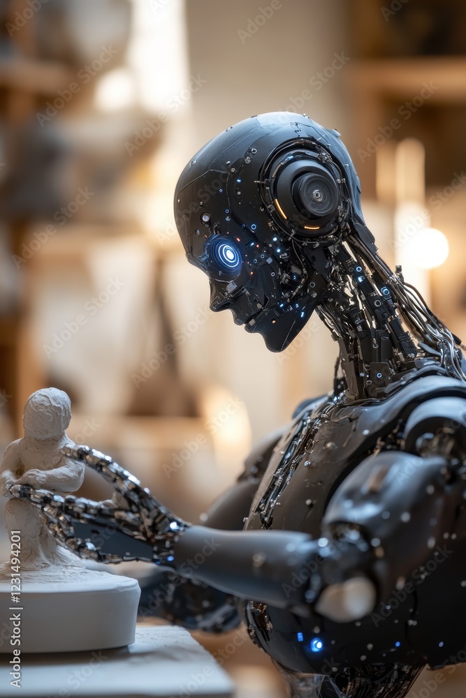 Poster robot creating sculpture in studio, showcasing advancements in artificial intelligence and artistry.