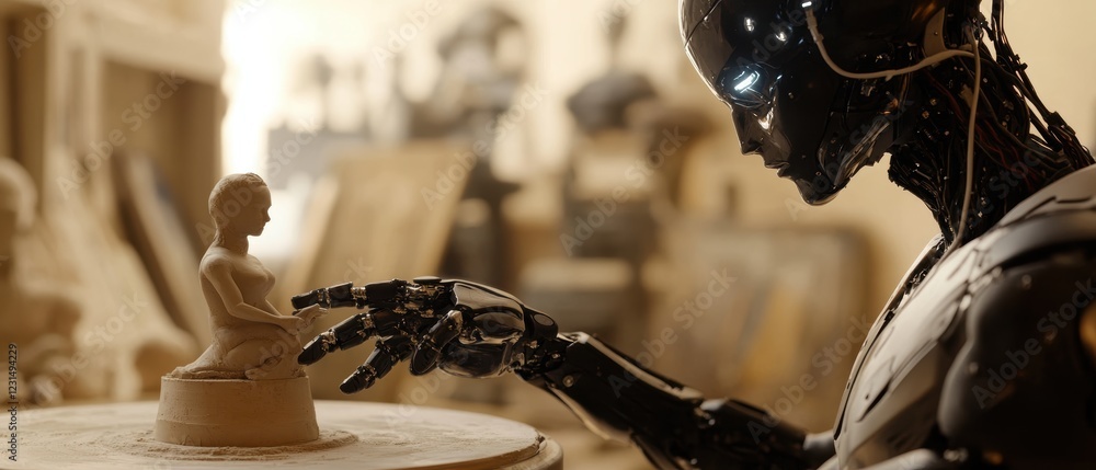 Poster robot creating pottery sculpture in a workshop, showcasing innovation in art and technology. futuris